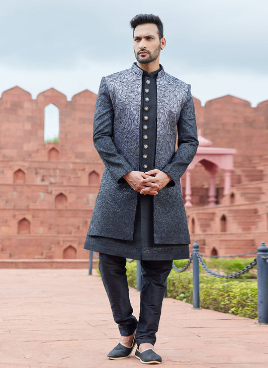 Charcoal Grey Computer Embroidered Indo Western Outfit