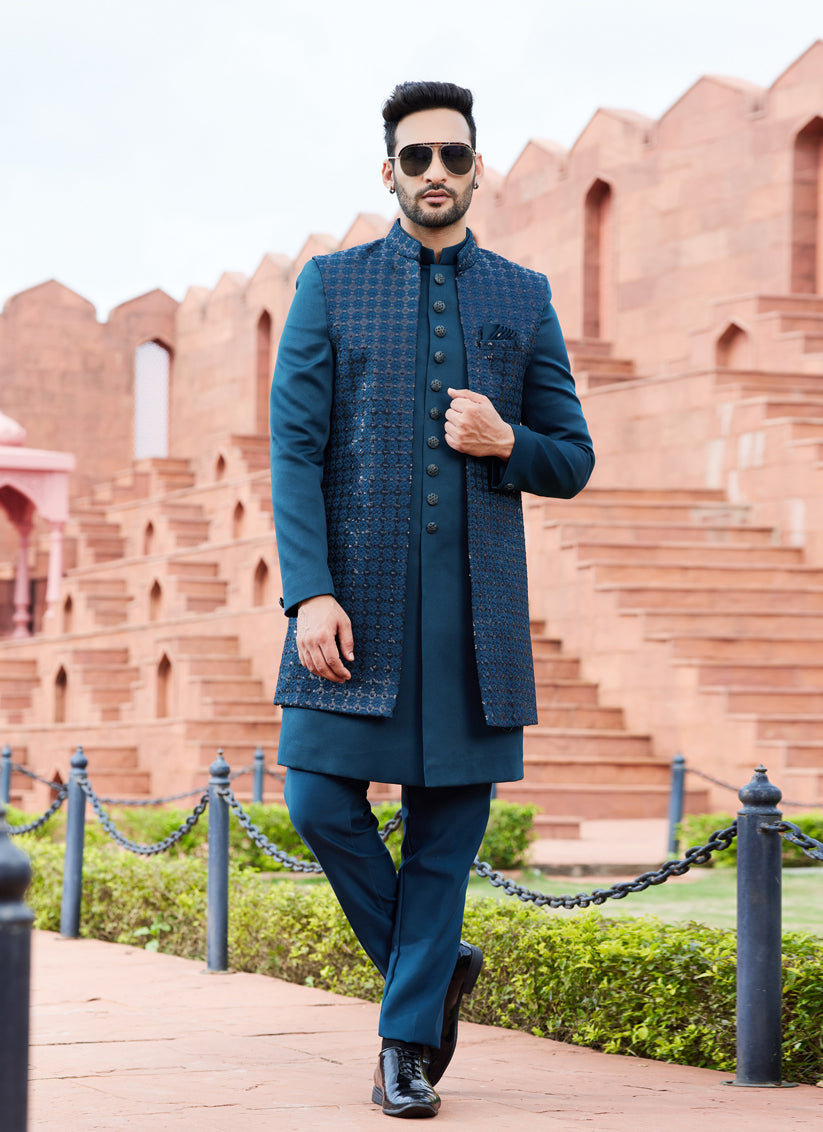 Teal Green Computer Embroidered Indo Western Outfit