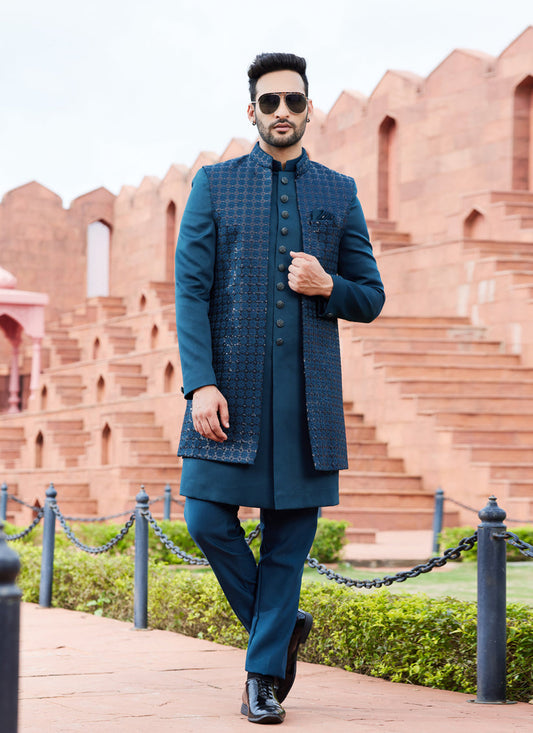 Teal Green Computer Embroidered Indo Western Outfit