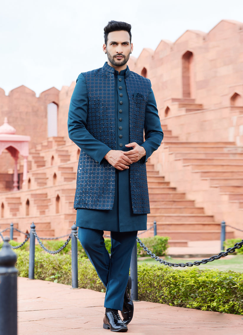 Teal Green Computer Embroidered Indo Western Outfit