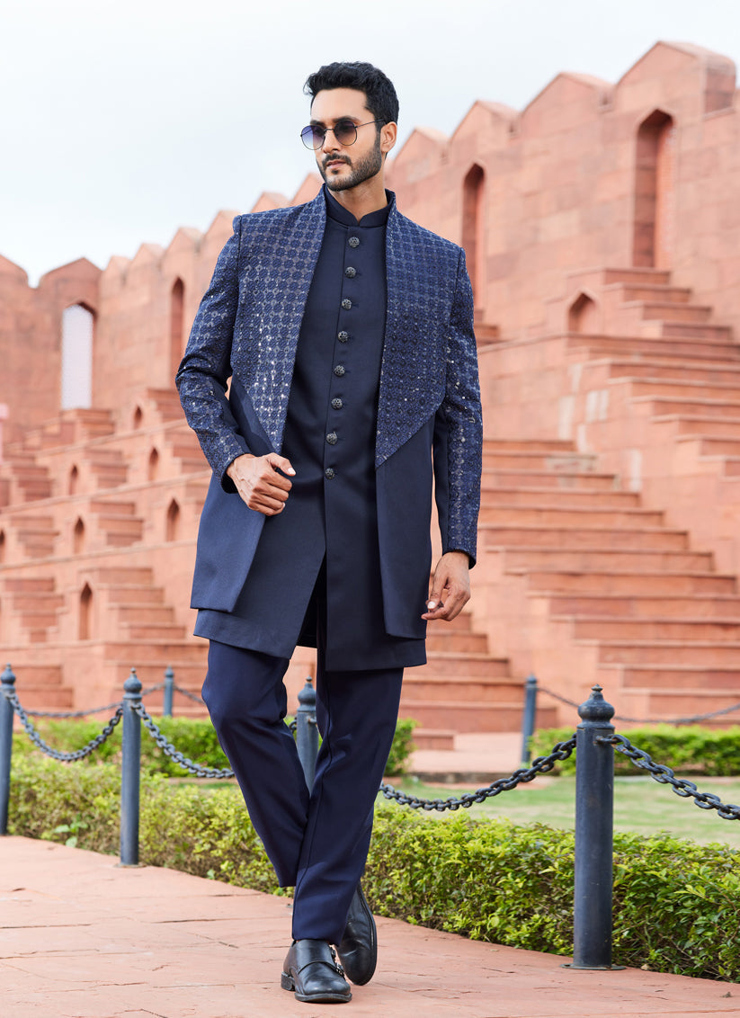 Navy Blue Computer Embroidered Indo Western Outfit