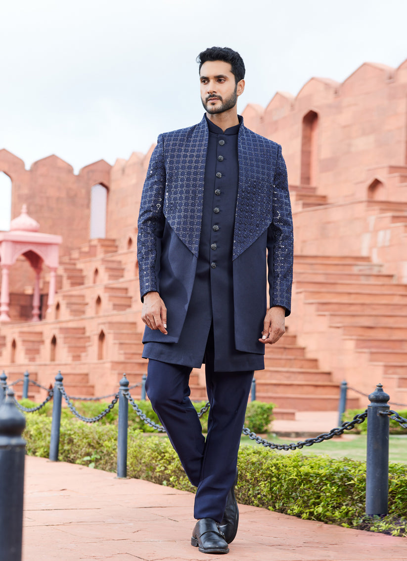 Navy Blue Computer Embroidered Indo Western Outfit
