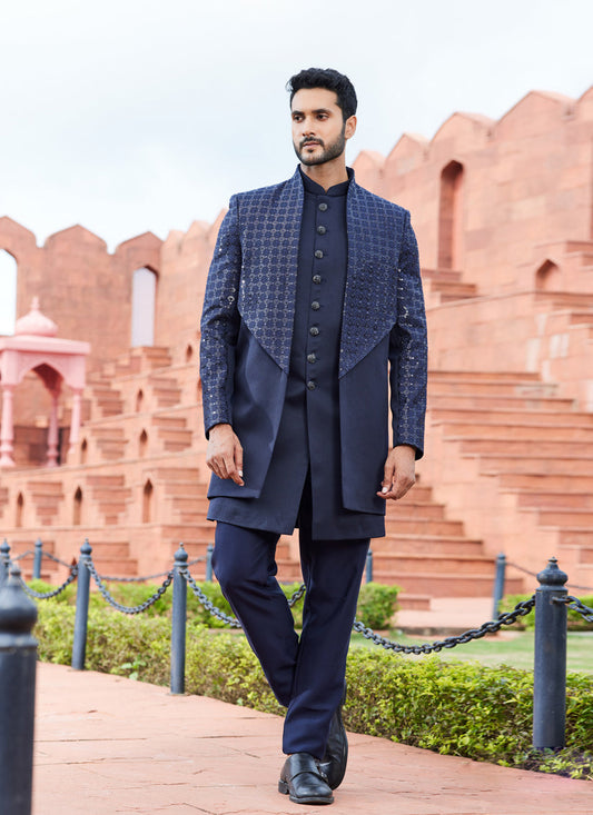 Navy Blue Computer Embroidered Indo Western Outfit