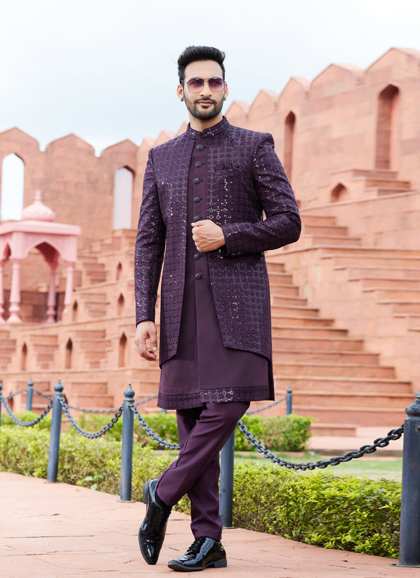 Wine Computer Embroidered Indo Western Outfit