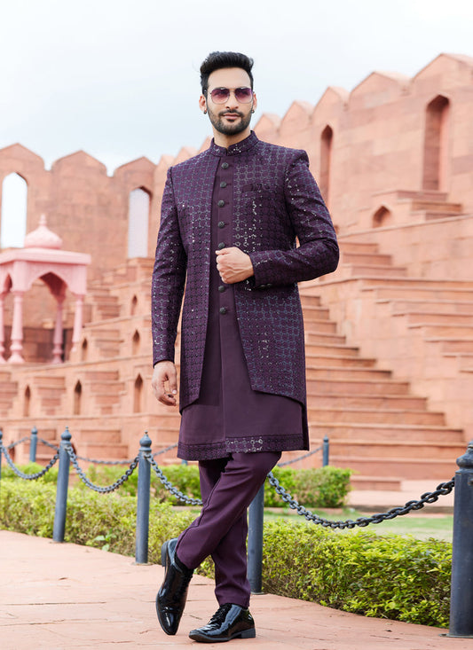 Wine Computer Embroidered Indo Western Outfit