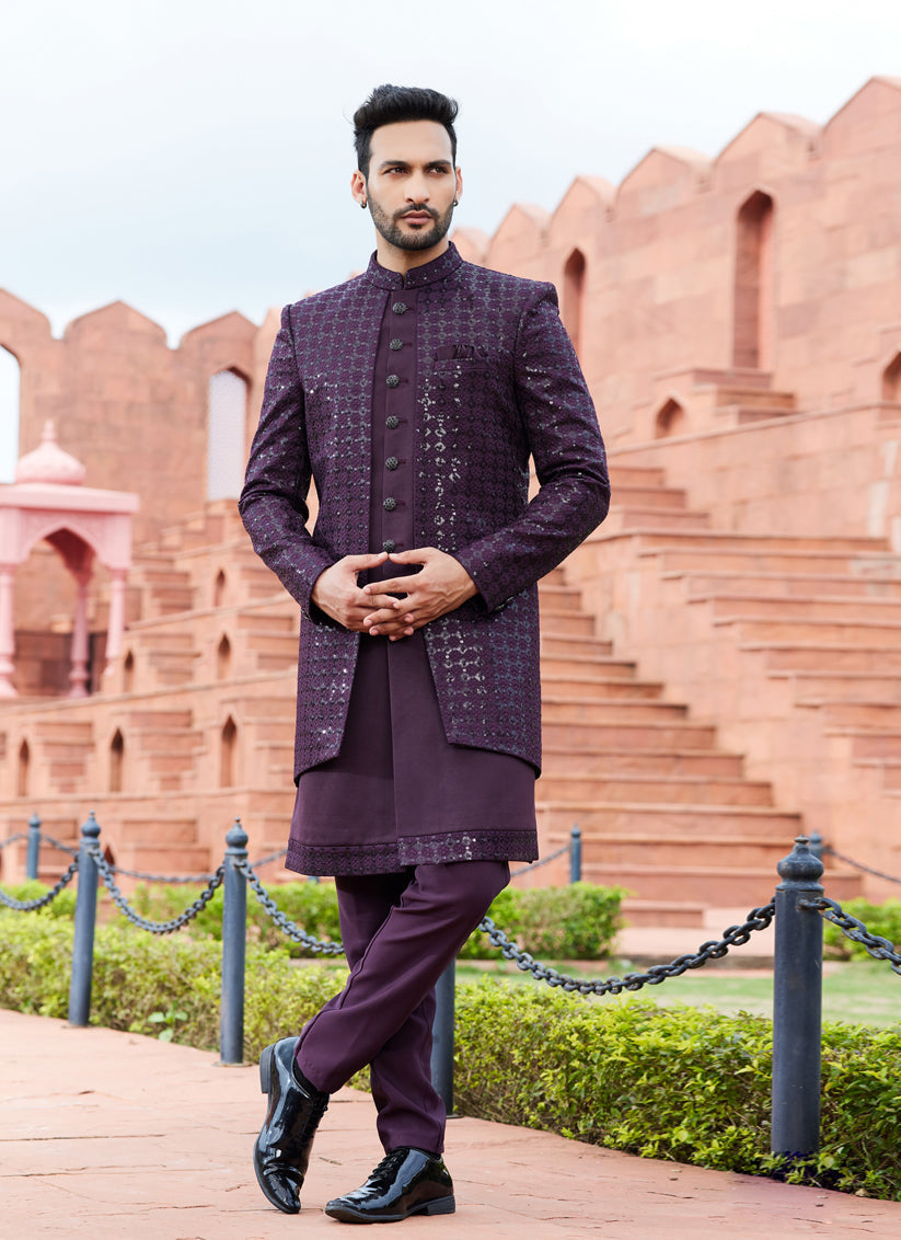 Wine Computer Embroidered Indo Western Outfit