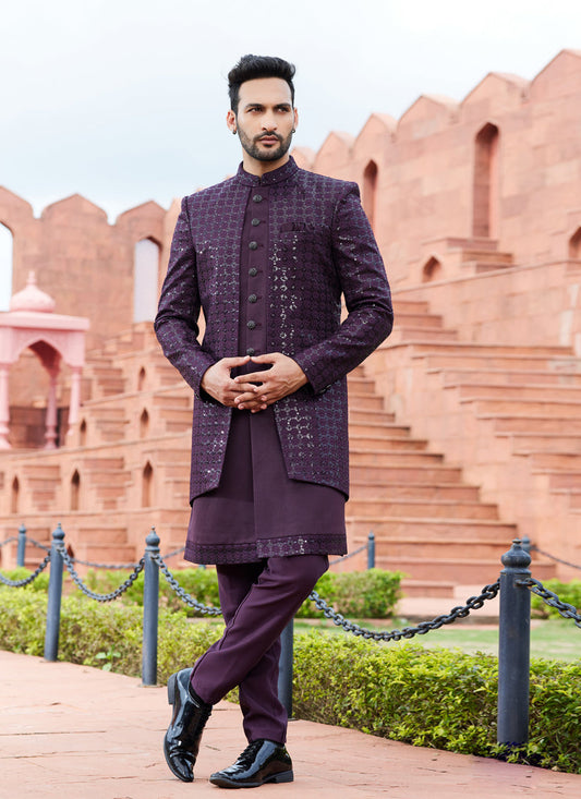 Wine Computer Embroidered Indo Western Outfit