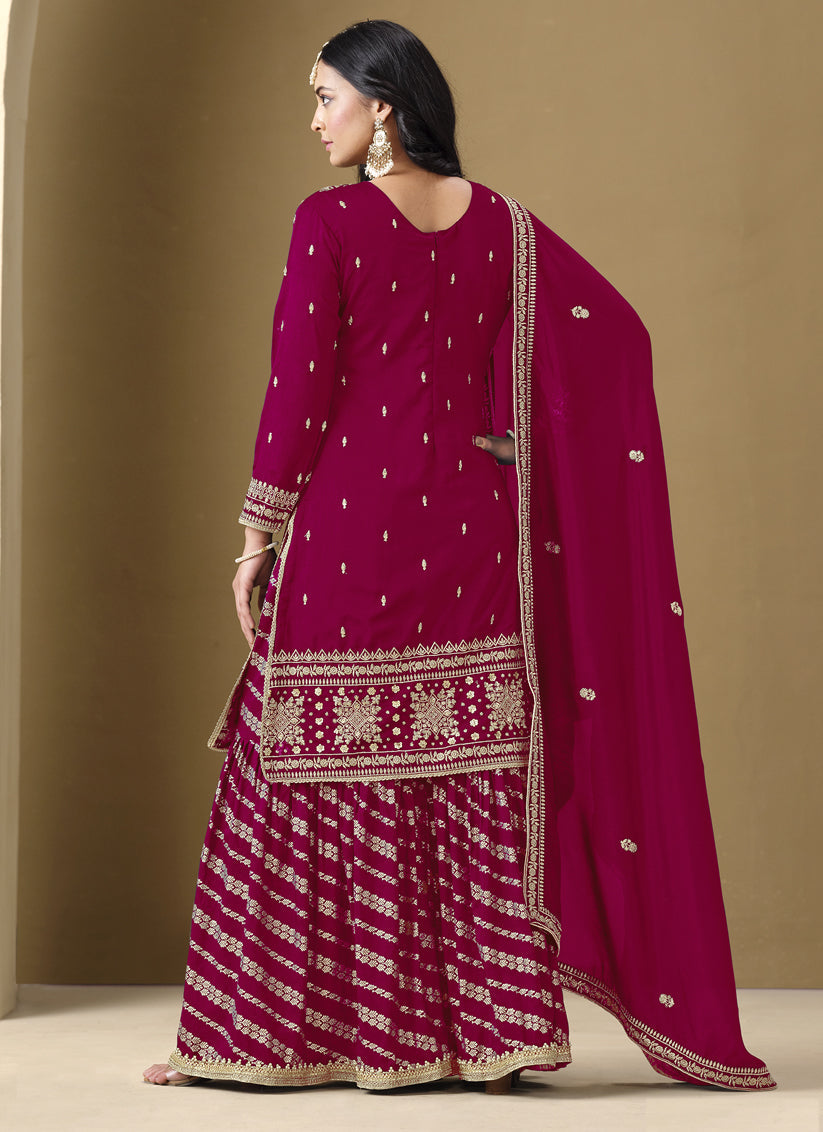 magenta art silk readymade embroidered sarara kameez