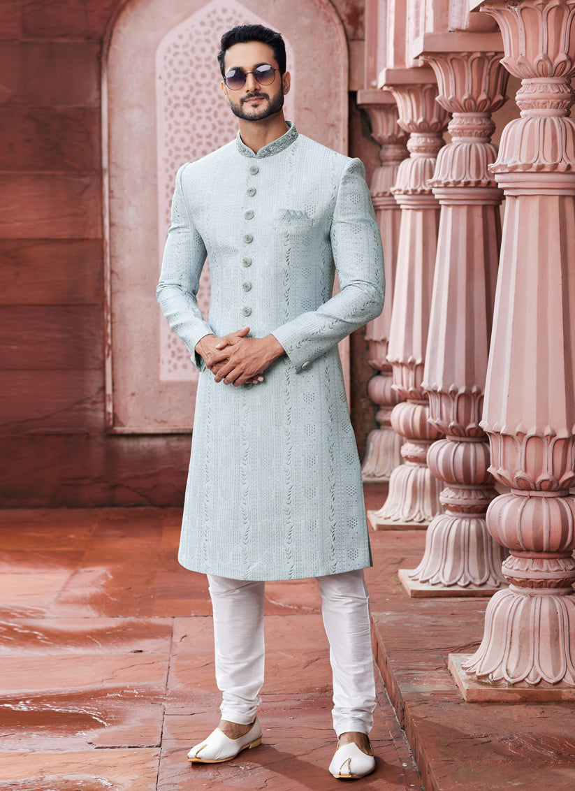 Mint Grey Art Silk Designer Sherwani