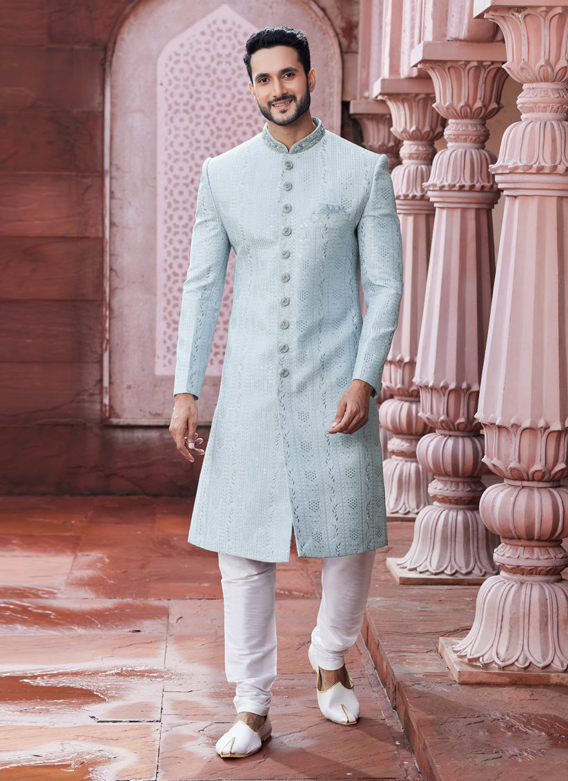 Mint Grey Art Silk Designer Sherwani