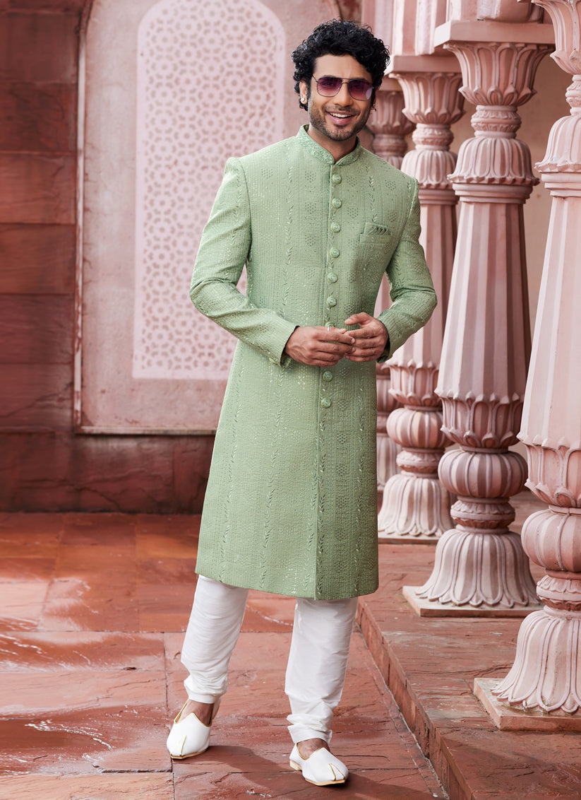 Pista Green Art Silk Designer Sherwani