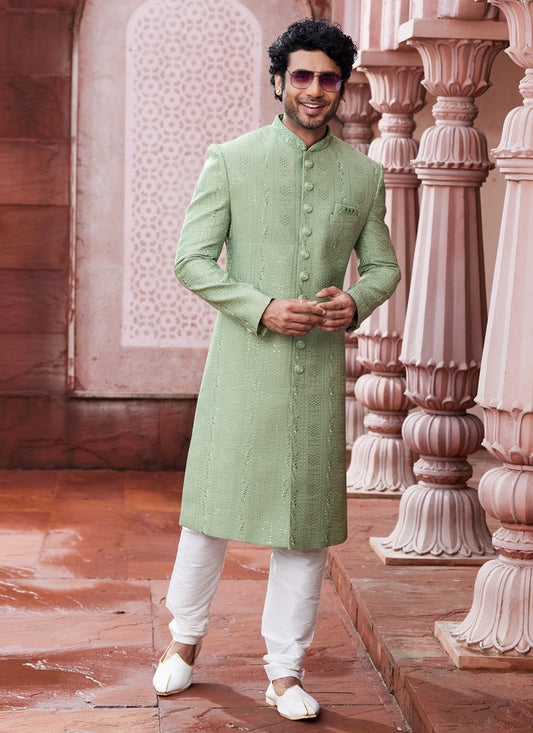 Pista Green Art Silk Designer Sherwani