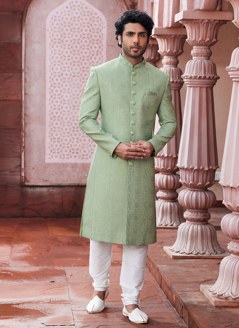Pista Green Art Silk Designer Sherwani