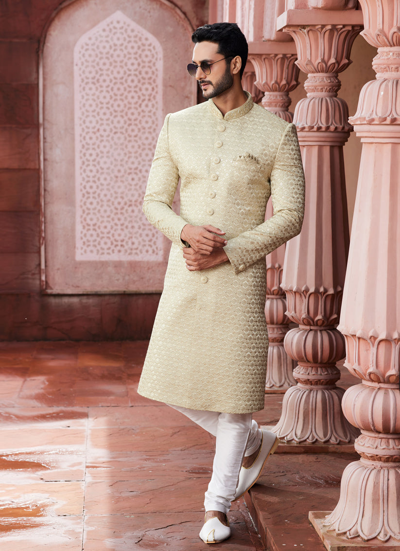 Beige Art Silk Designer Sherwani