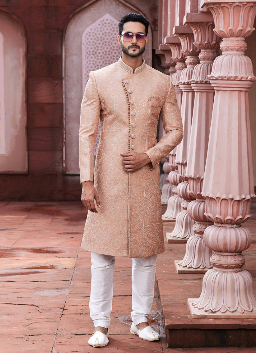 Peach Art Silk Designer Sherwani