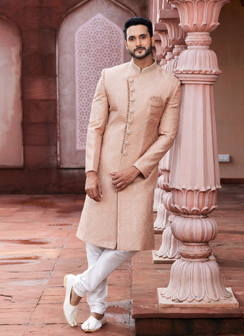Peach Art Silk Designer Sherwani