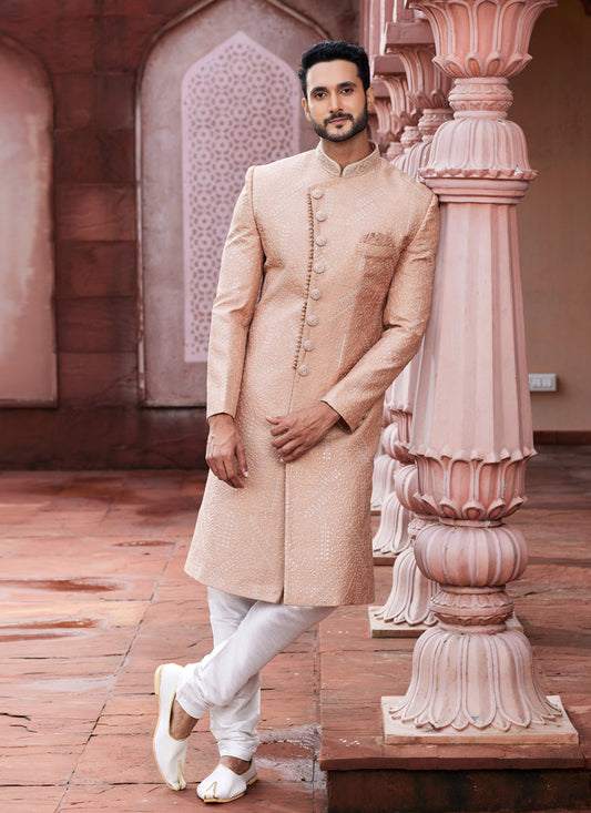 Peach Art Silk Designer Sherwani