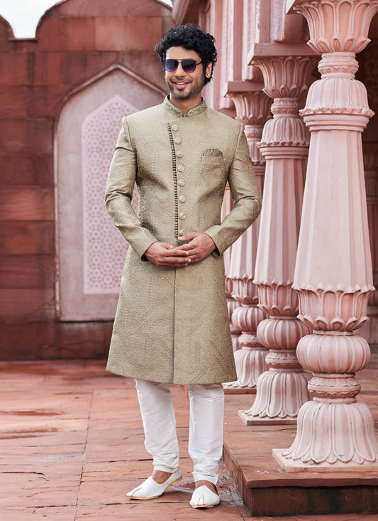 Beige Art Silk Designer Sherwani