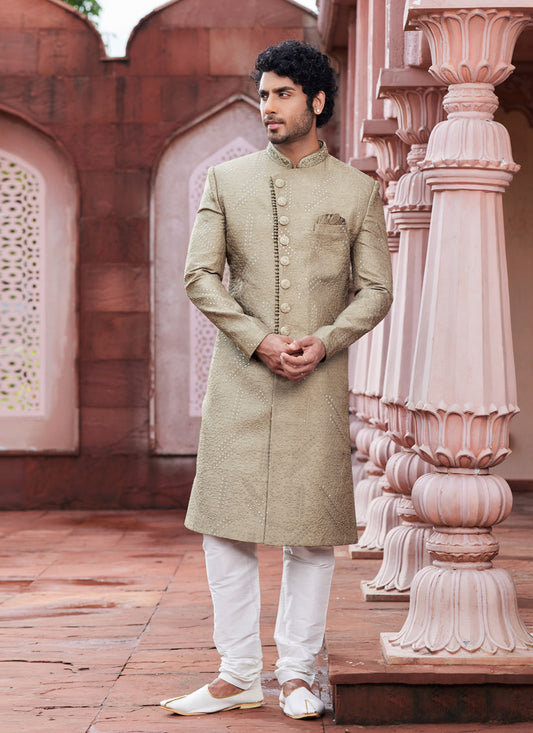 Beige Art Silk Designer Sherwani