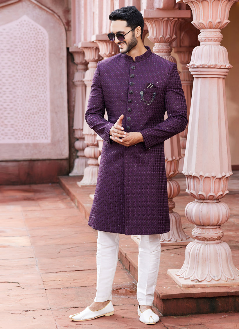 Purple Art Silk Designer Sherwani