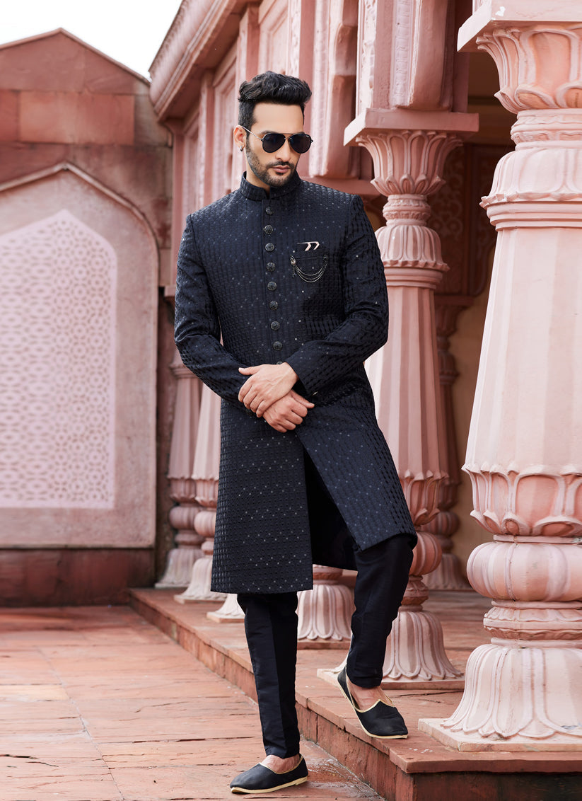 Black Art Silk Designer Sherwani