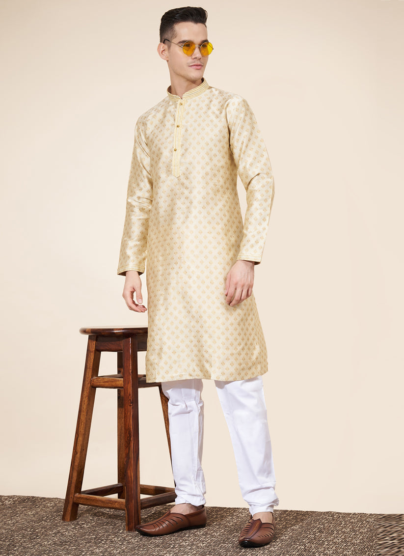Cream Jacquard Mens Kurta Pajama Set