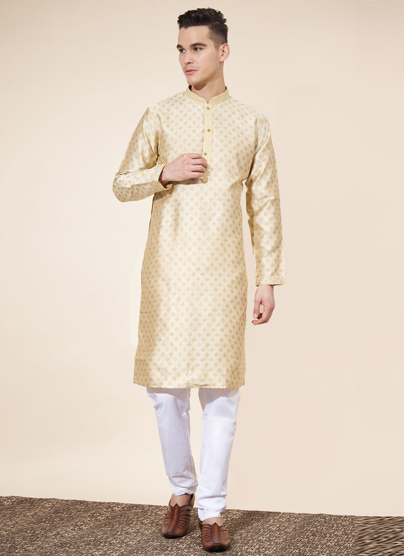 Cream Jacquard Mens Kurta Pajama Set