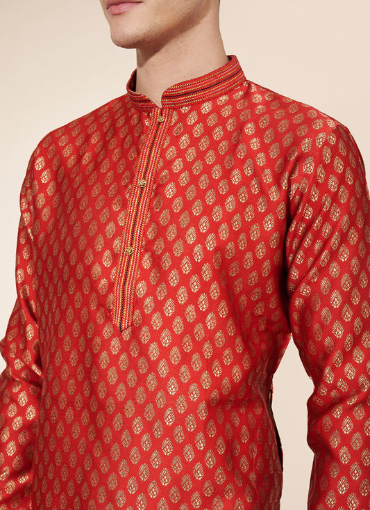 Hot Red Jacquard Mens Kurta Pajama Set