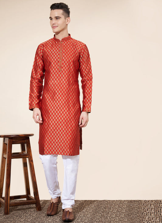 Hot Red Jacquard Mens Kurta Pajama Set