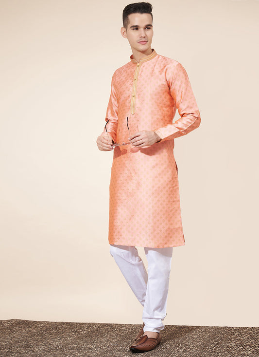 Blush Peach Jacquard Mens Kurta Pajama Set