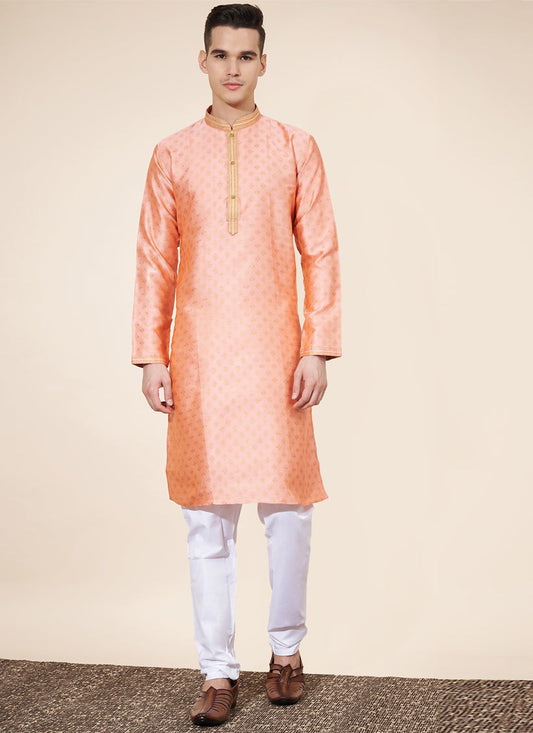 Blush Peach Jacquard Mens Kurta Pajama Set