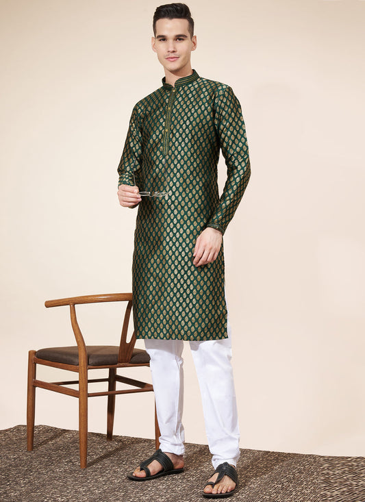 Bottle Green Jacquard Mens Kurta Pajama Set