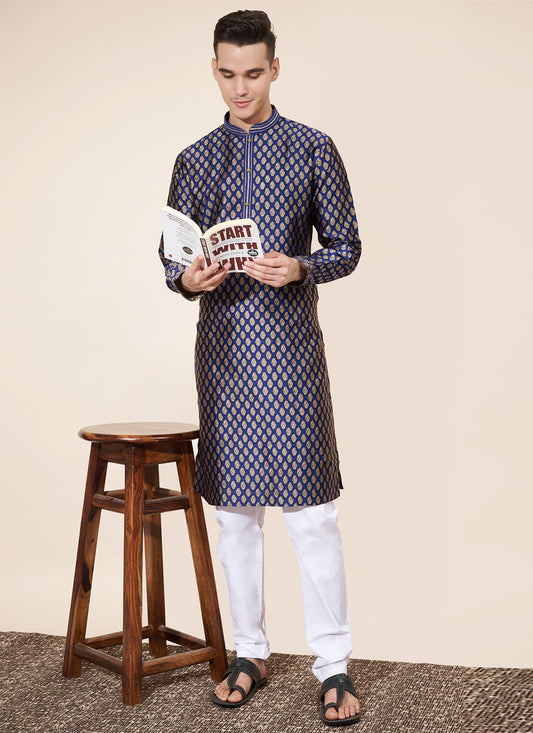 Navy Blue Jacquard Mens Kurta Pajama Set