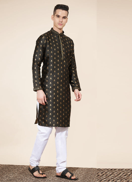 Black Jacquard Mens Kurta Pajama Set