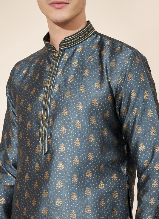 Slate Grey Jacquard Mens Kurta Pajama Set