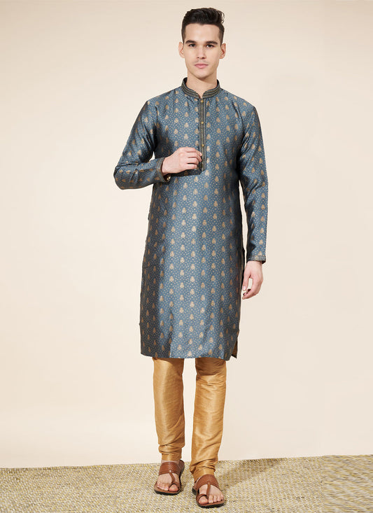 Slate Grey Jacquard Mens Kurta Pajama Set