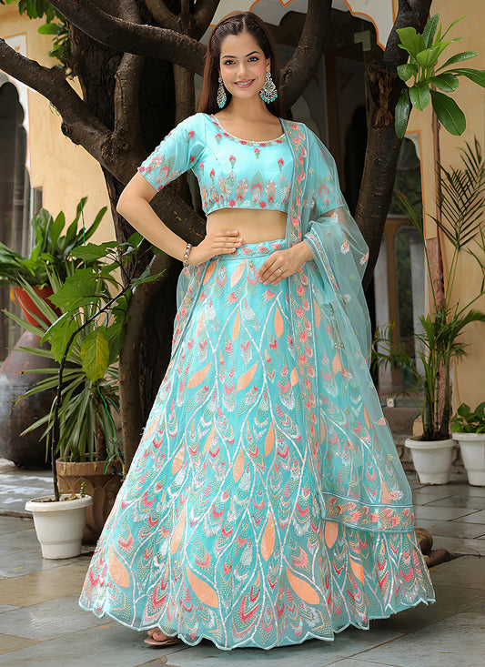 Marvelous Sky Blue Heavy Lehenga Choli Set for Festival