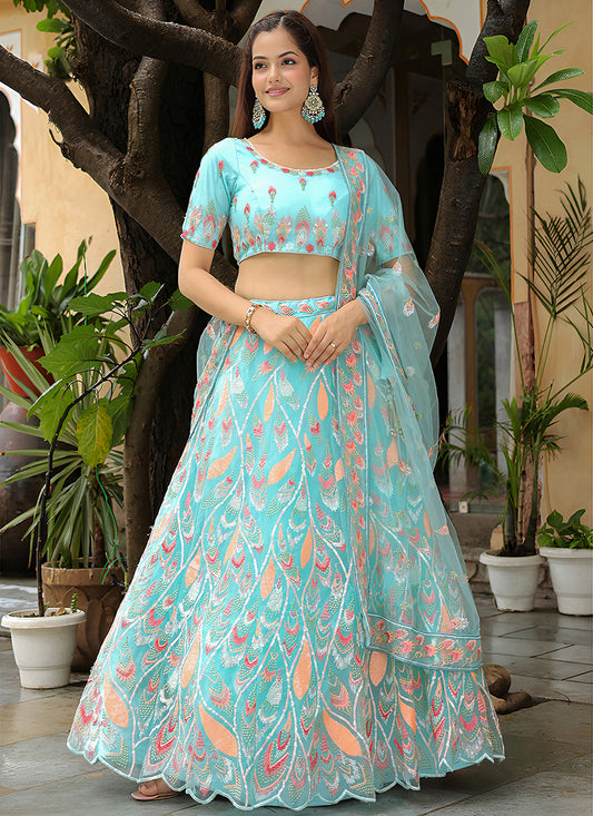 Marvelous Sky Blue Heavy Lehenga Choli Set for Festival