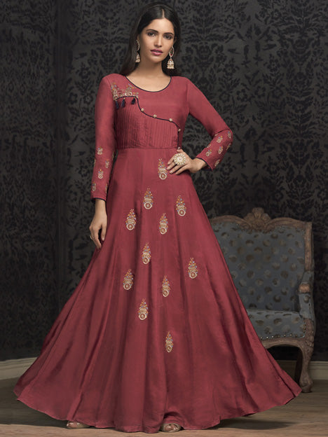 Maroon Muslin Embroidered Gown Style Long Kurti