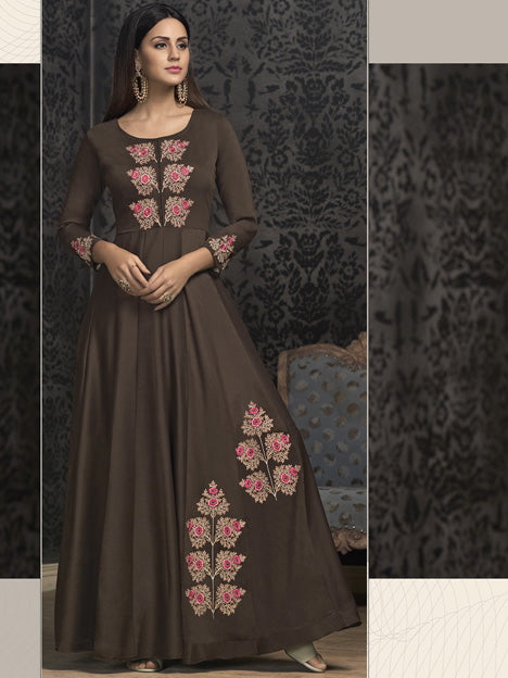 Brown Muslin Embroidered Gown Style Long Kurti