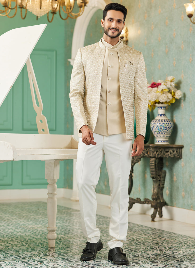 Beige Art Silk 3 Pcs Jodhpuri Suit