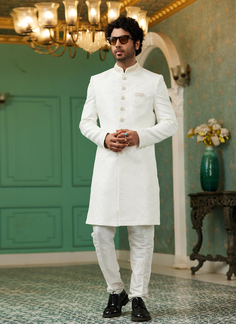 Off White Jacquard Silk Indo Western Outfit