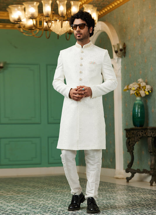 Off White Jacquard Silk Indo Western Outfit