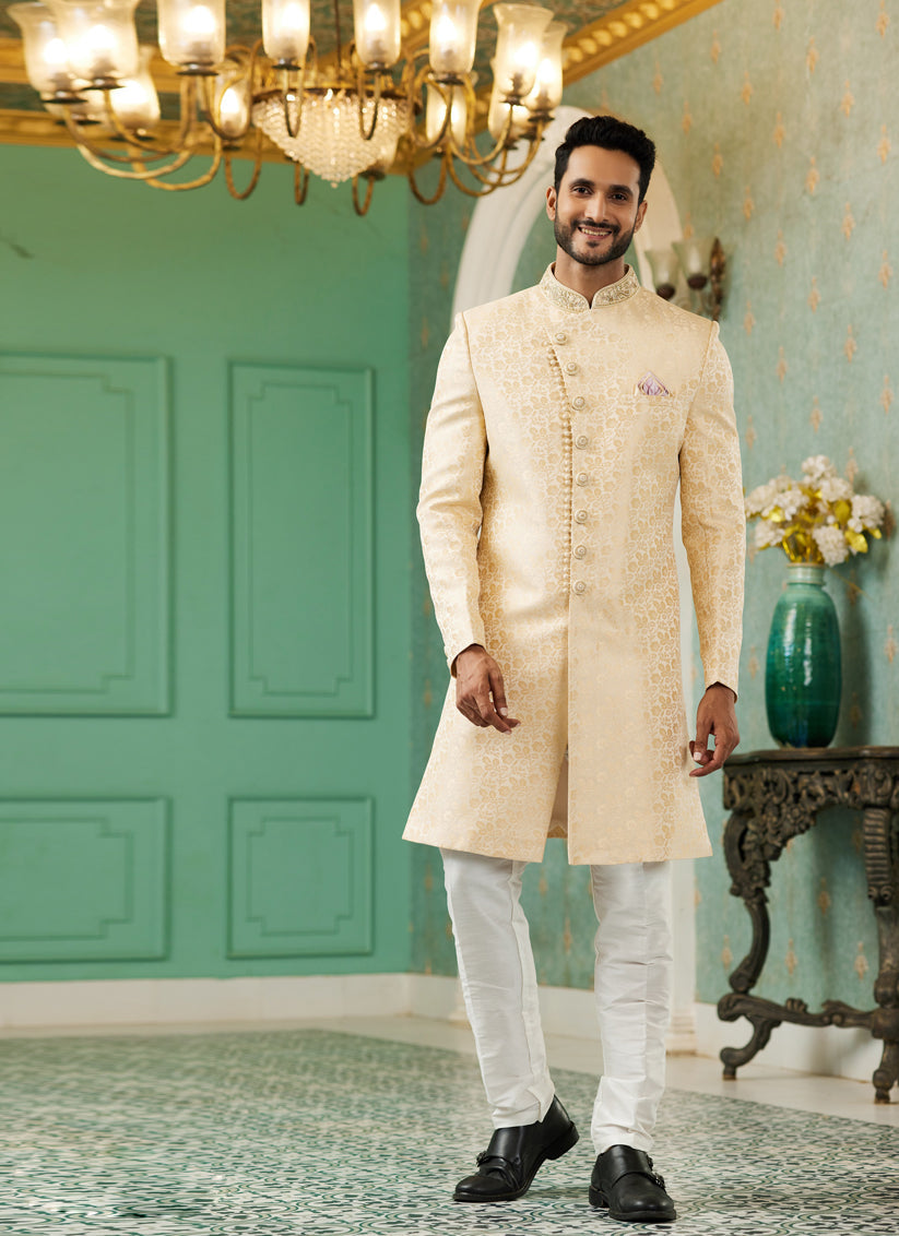 Cream Jacquard Silk Indo Western Outfit