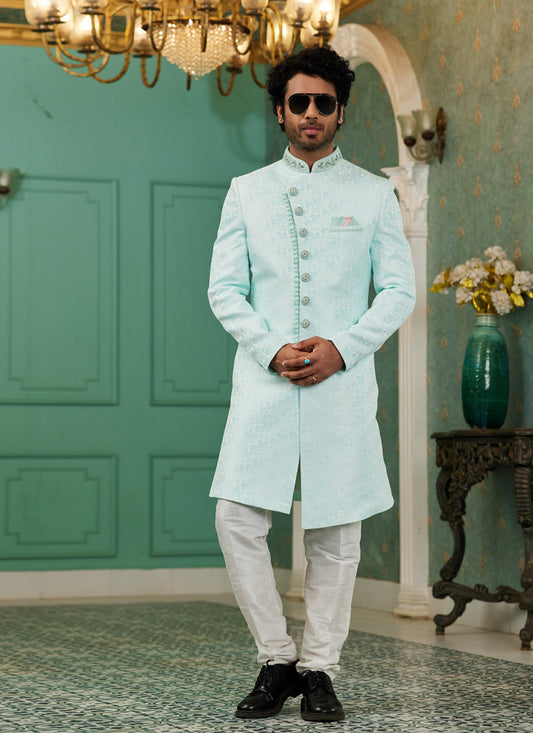 Firozi Jacquard Silk Indo Western Outfit