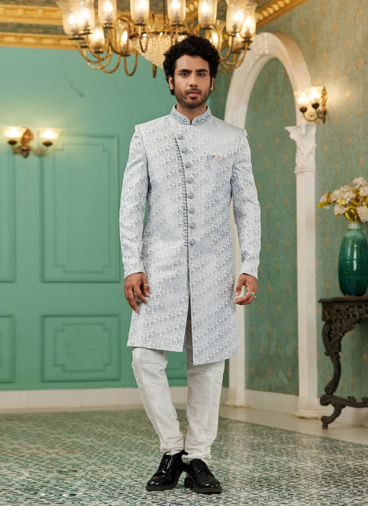 Silver Grey Jacquard Silk Indo Western Outfit