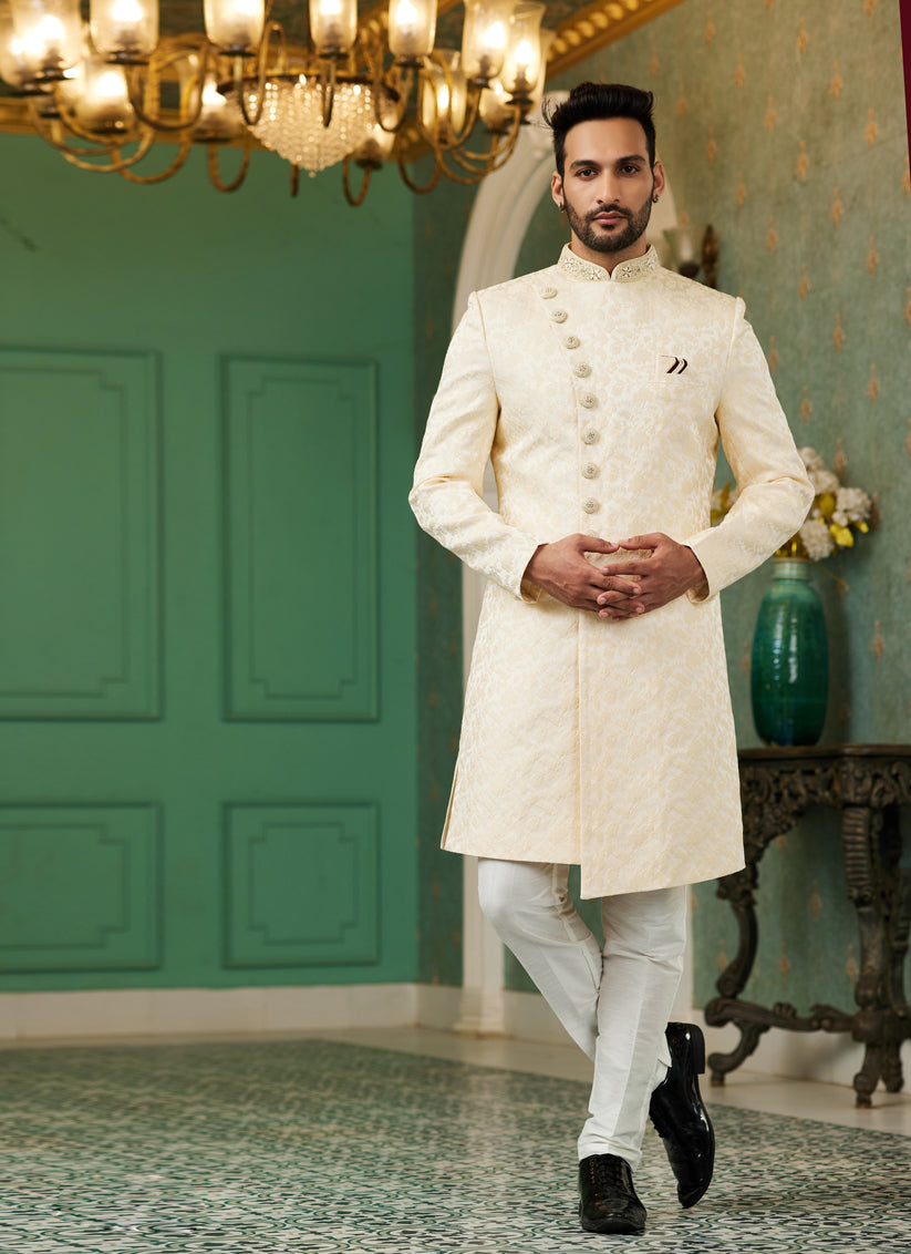 Beige Jacquard Silk Indo Western Outfit