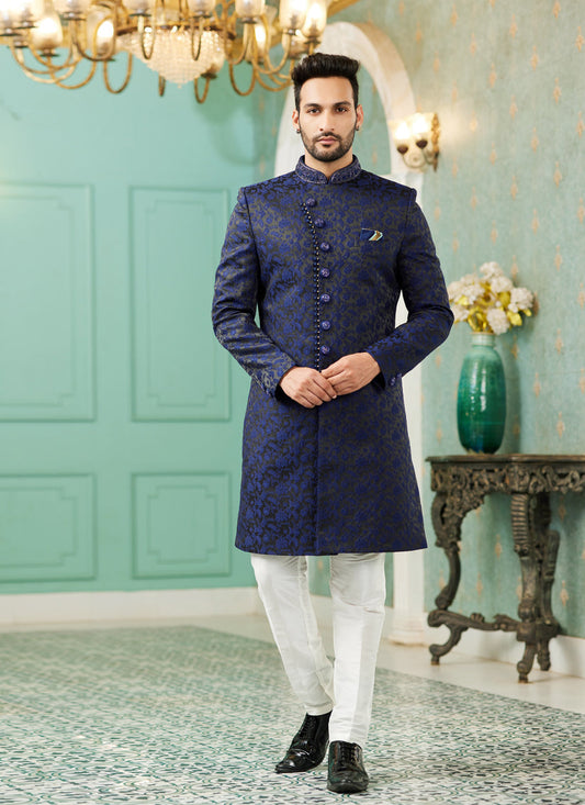 Navy Blue Jacquard Silk Indo Western Outfit
