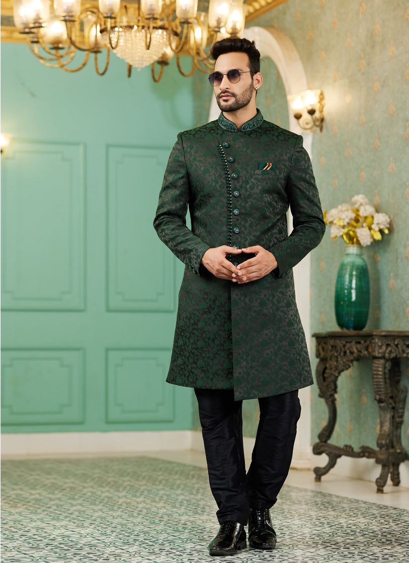 Bottle Green Jacquard Silk Indo Western Outfit
