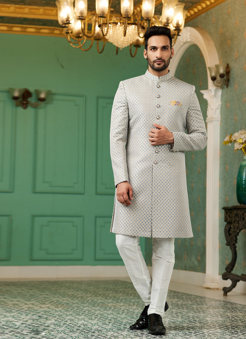 Grey Jacquard Silk Indo Western Outfit